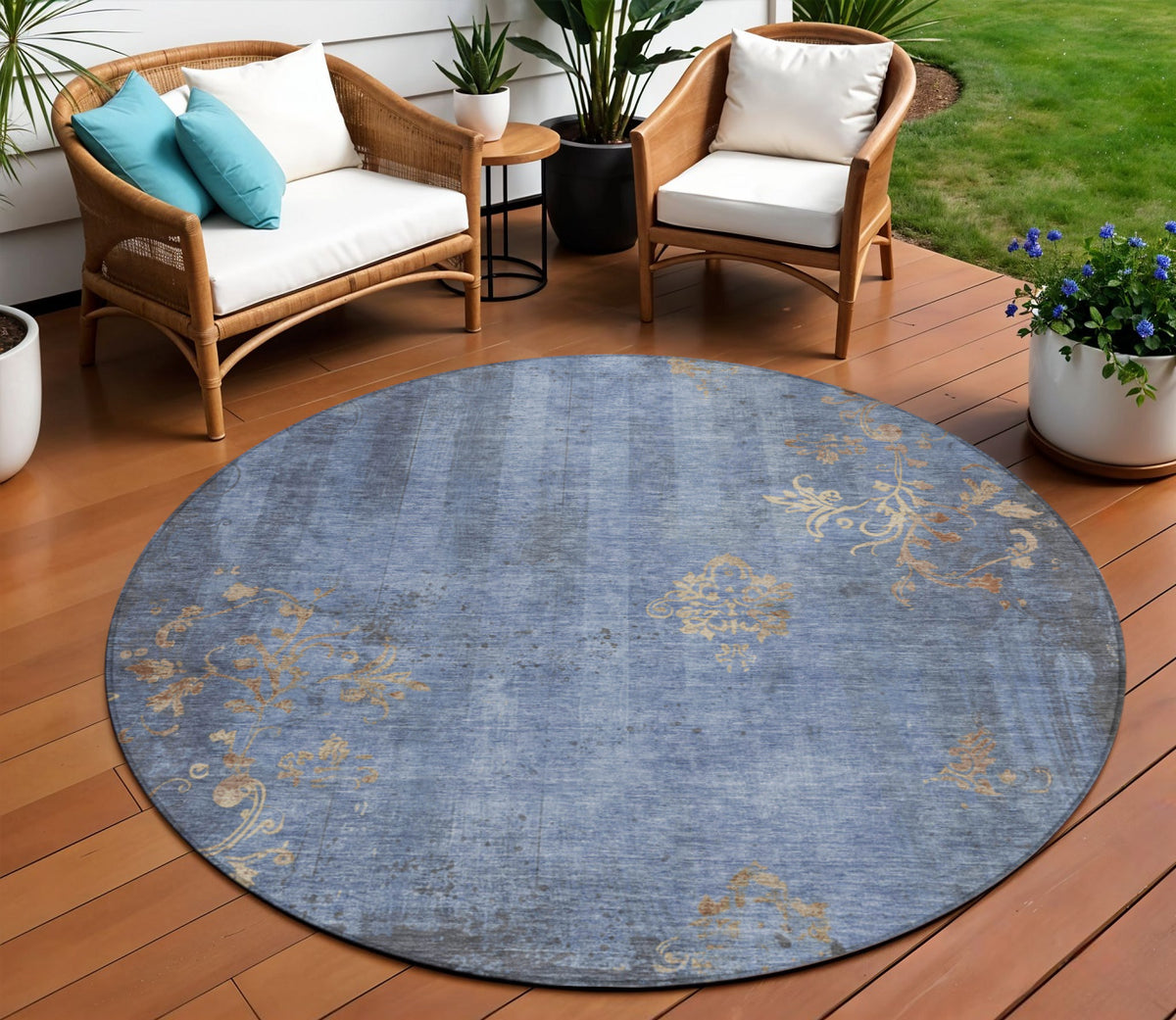 8 Denim Blue And Beige Round Floral Washable Indoor Outdoor Area Rug
