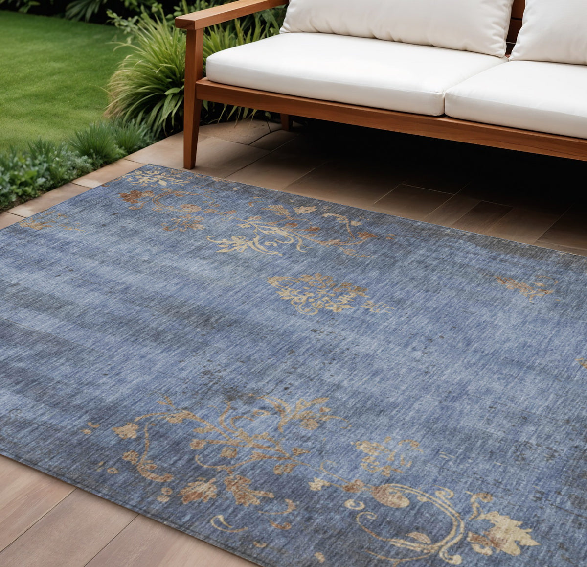 9 X 12 Denim Blue And Beige Floral Washable Indoor Outdoor Area Rug