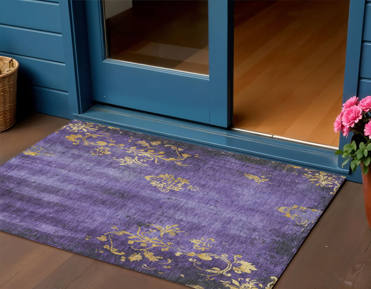 3 X 5 Purple And Gold Floral Washable Indoor Outdoor Area Rug