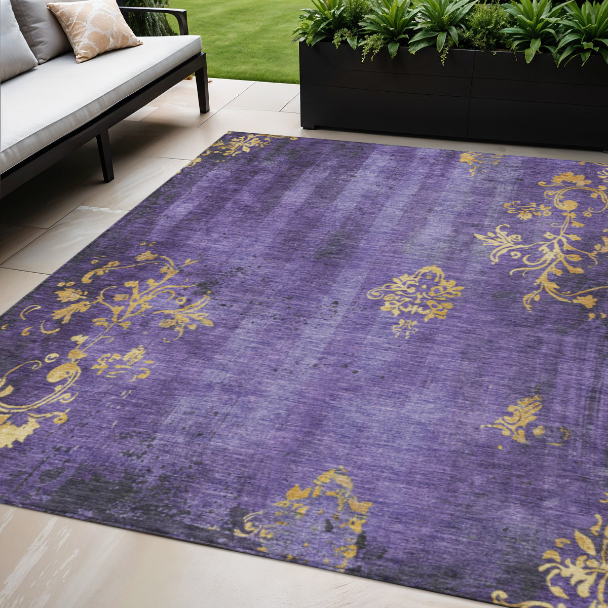 5 X 8 Purple And Gold Floral Washable Indoor Outdoor Area Rug