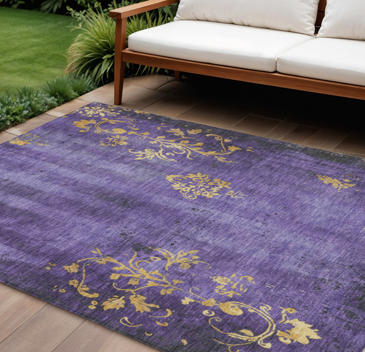 10 X 14 Purple And Gold Floral Washable Indoor Outdoor Area Rug