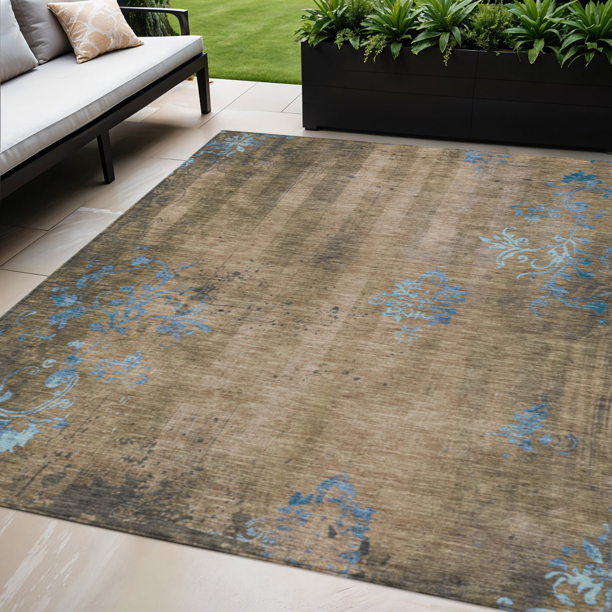 5 X 8 Taupe And Blue Floral Washable Indoor Outdoor Area Rug