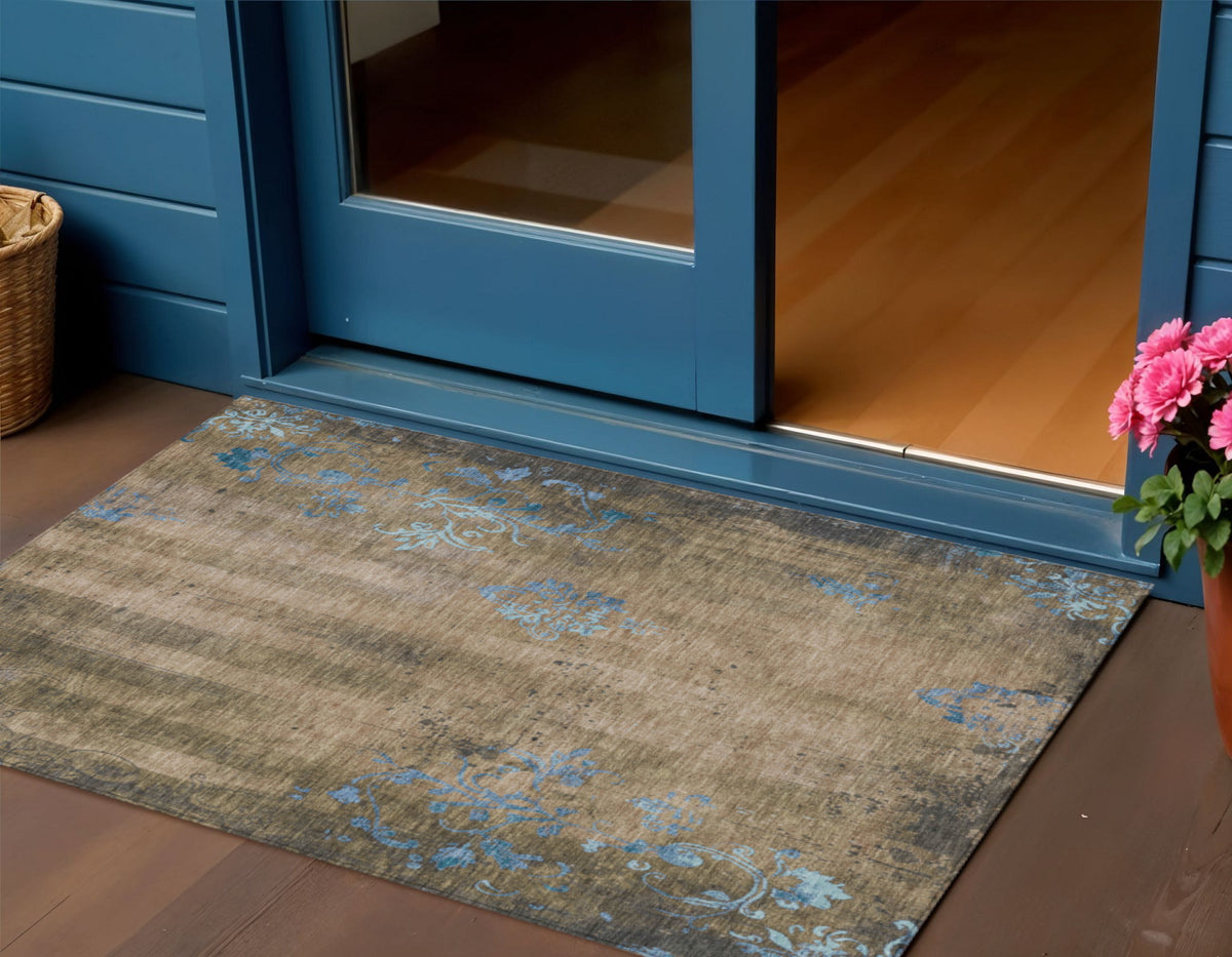 8 Taupe And Blue Round Floral Washable Indoor Outdoor Area Rug