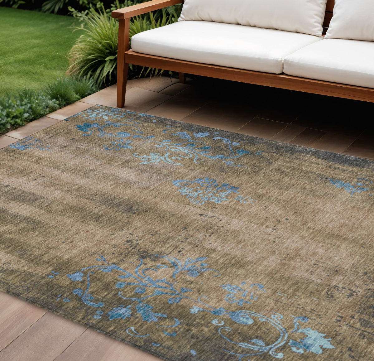 10 X 14 Taupe And Blue Floral Washable Indoor Outdoor Area Rug