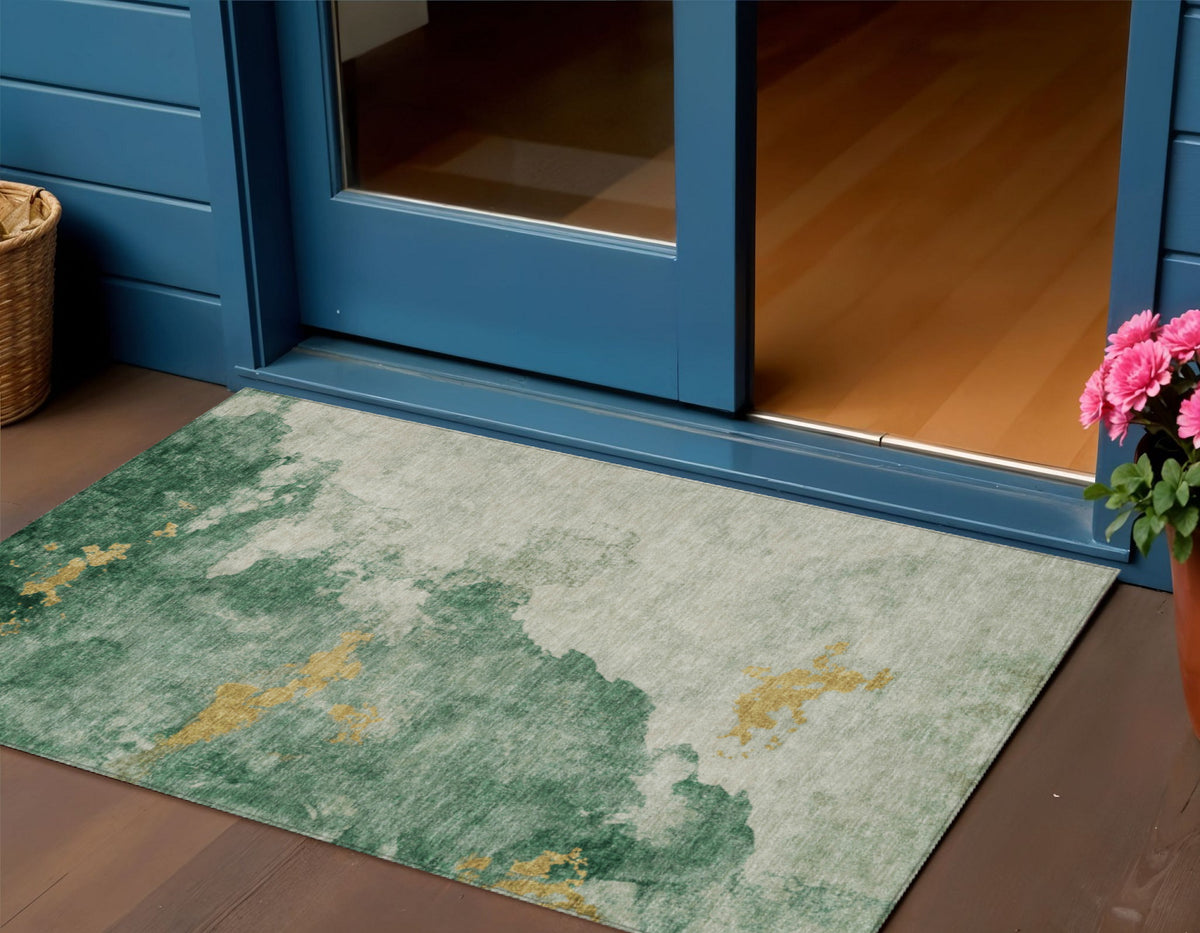 3 X 5 Emerald Sage And Ivory Abstract Washable Indoor Outdoor Area Rug