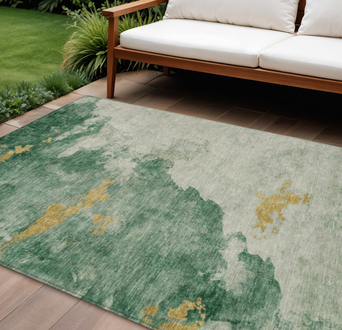 9 X 12 Emerald Sage And Ivory Abstract Washable Indoor Outdoor Area Rug