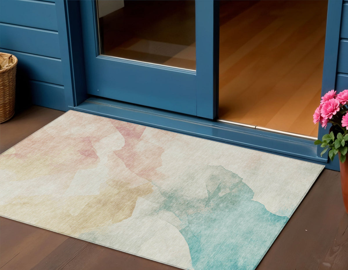 3 X 5 Pearl Ivory Beige And Teal Blue Abstract Washable Indoor Outdoor Area Rug