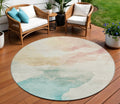 8 Pearl Ivory Beige And Teal Blue Round Abstract Washable Indoor Outdoor Area Rug