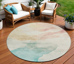 8 Pearl Ivory Beige And Teal Blue Round Abstract Washable Indoor Outdoor Area Rug
