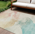 8 X 10 Pearl Ivory Beige And Teal Blue Abstract Washable Indoor Outdoor Area Rug