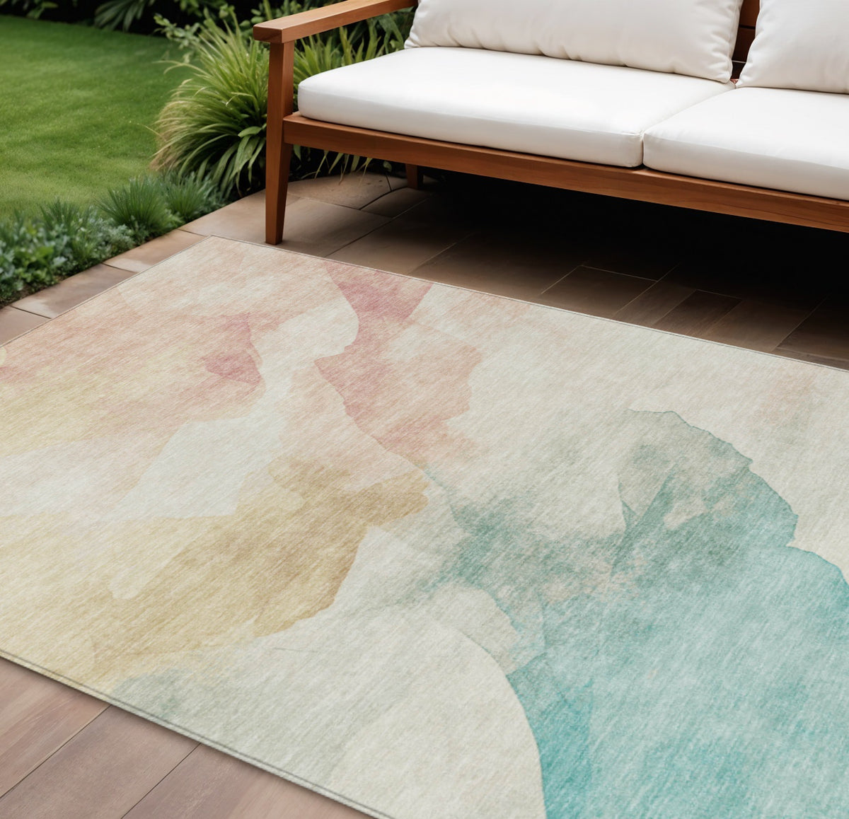 10 X 14 Pearl Ivory Beige And Teal Blue Abstract Washable Indoor Outdoor Area Rug