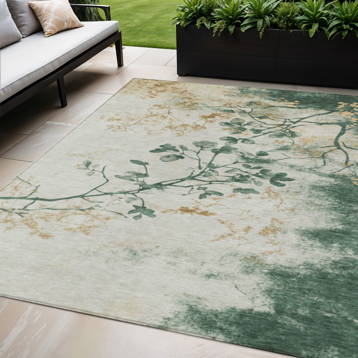 5 X 8 Emerald Ivory And Gold Floral Washable Indoor Outdoor Area Rug