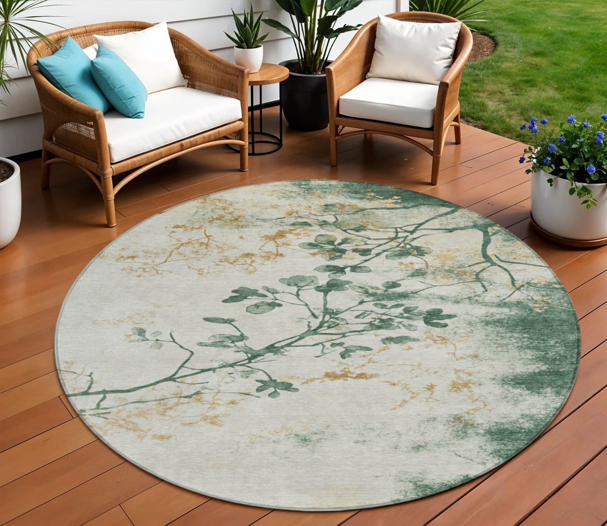 8 Emerald Ivory And Gold Round Floral Washable Indoor Outdoor Area Rug