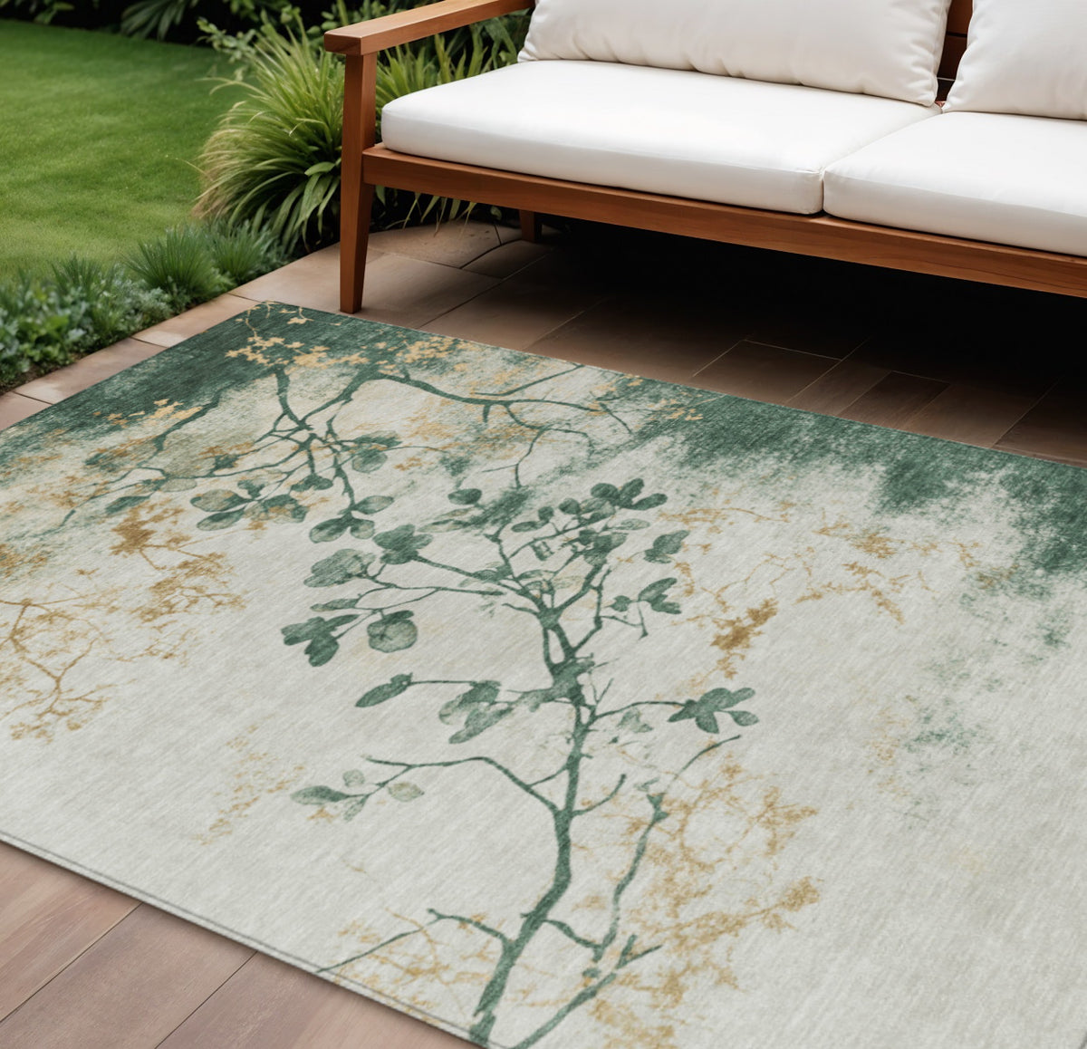 8 X 10 Emerald Ivory And Gold Floral Washable Indoor Outdoor Area Rug