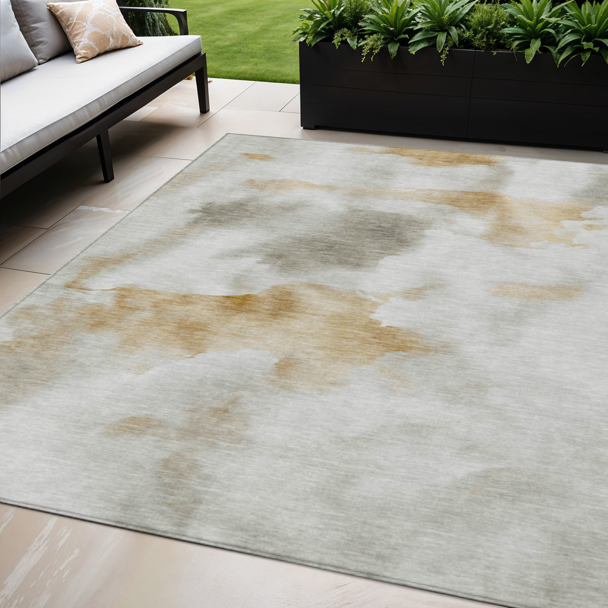 5 X 8 Beige Copper And Gray Abstract Washable Indoor Outdoor Area Rug