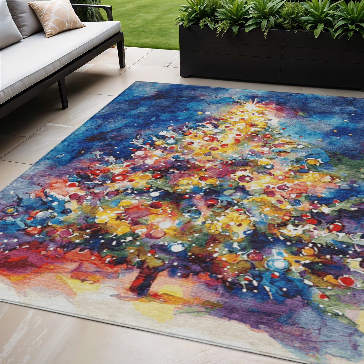 5 X 8 Navy Blue Gold Red And Purple Abstract Washable Indoor Outdoor Area Rug