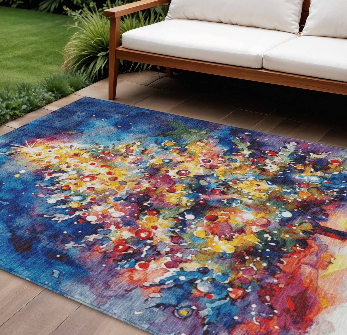 10 X 14 Navy Blue Gold Red And Purple Abstract Washable Indoor Outdoor Area Rug