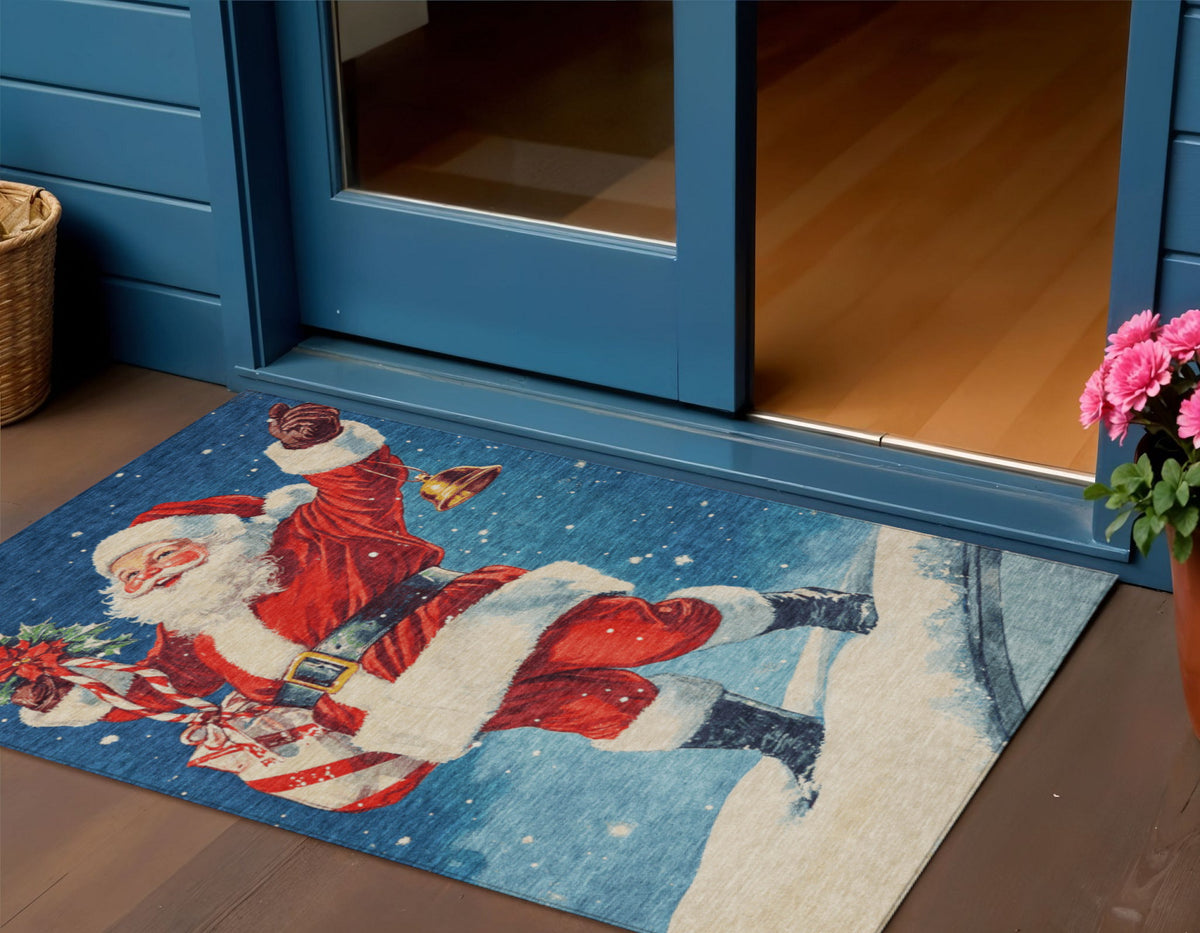 3 X 5 Blue Red White Green And Gold Santa Claus Washable Indoor Outdoor Area Rug
