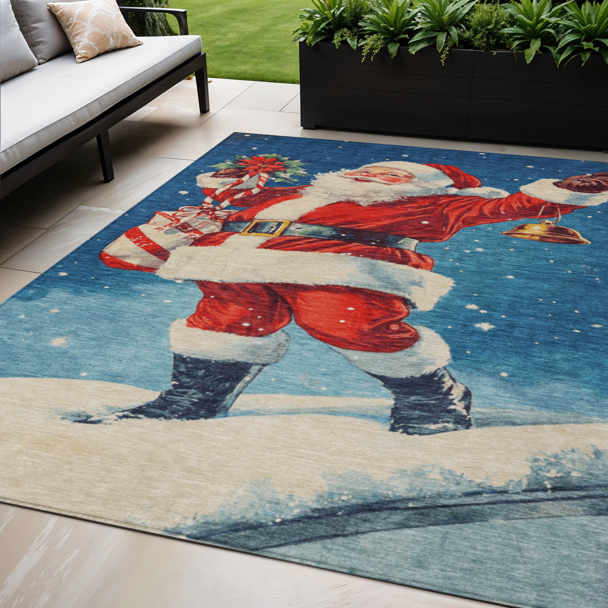 5 X 8 Blue Red White Green And Gold Santa Claus Washable Indoor Outdoor Area Rug