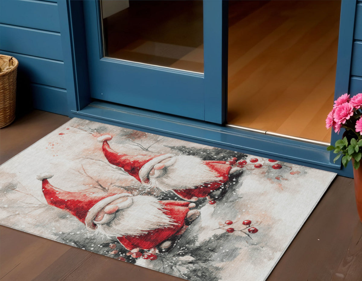 3 X 5 Ivory Red And Gray Gnome Washable Indoor Outdoor Area Rug