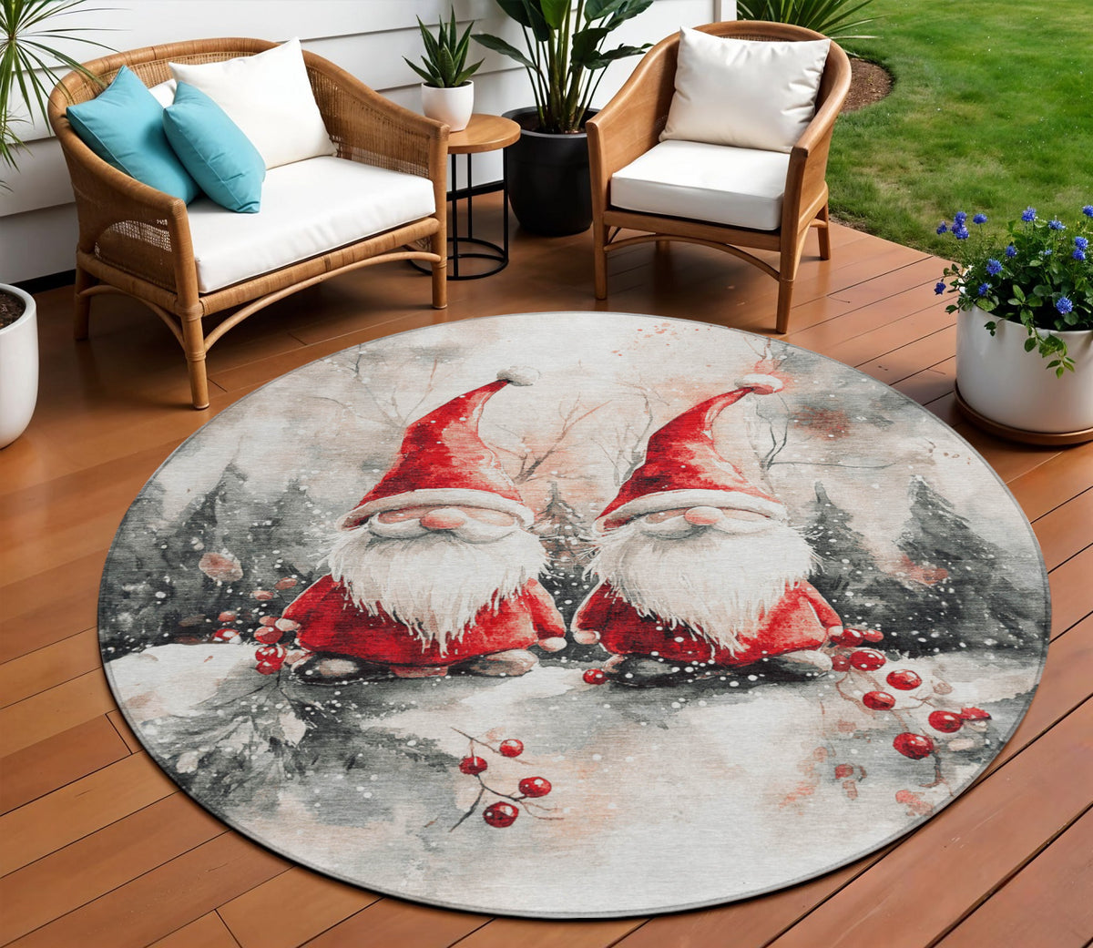 8 Ivory Red And Gray Round Gnome Washable Indoor Outdoor Area Rug