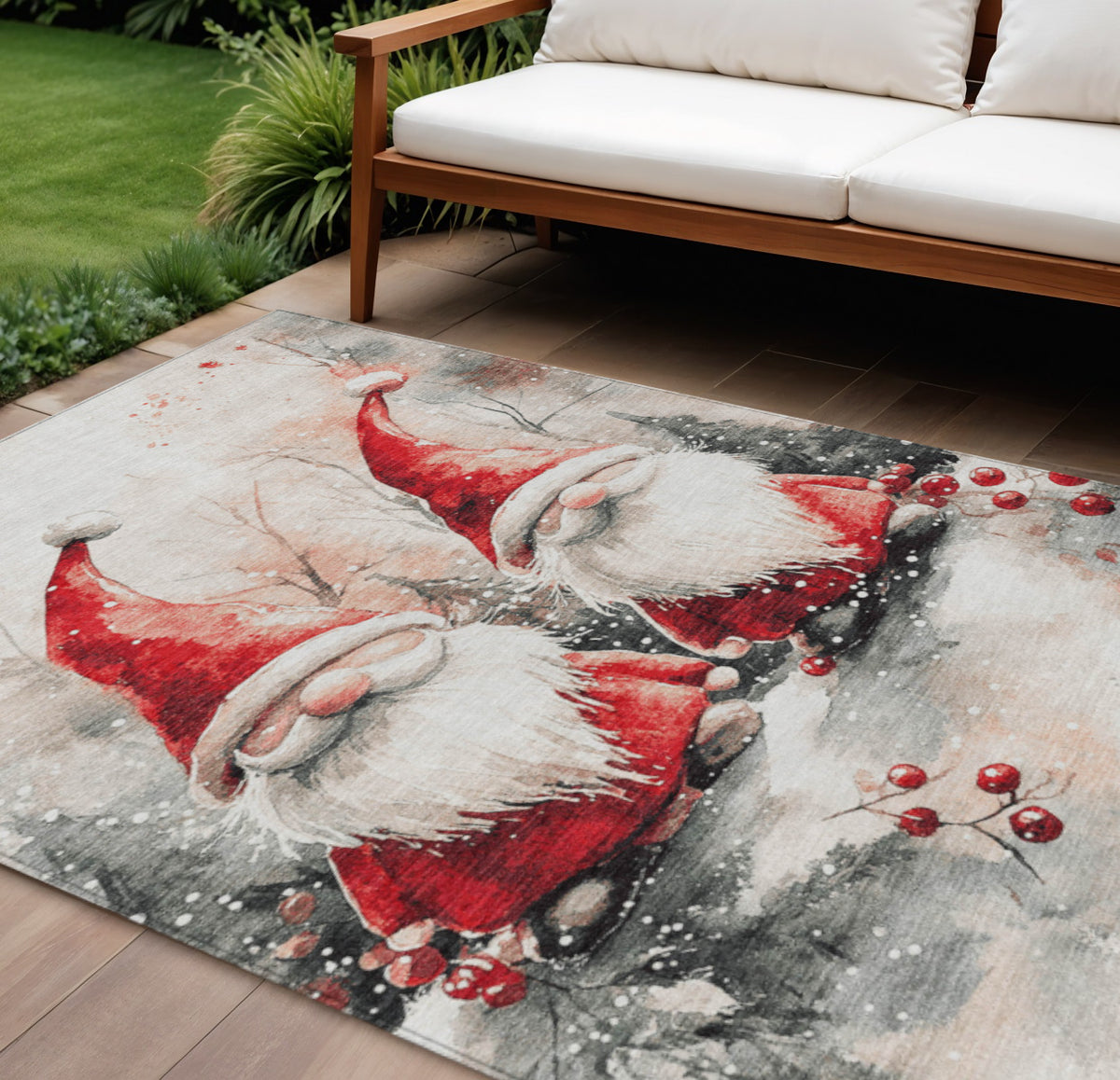10 X 14 Ivory Red And Gray Gnome Washable Indoor Outdoor Area Rug