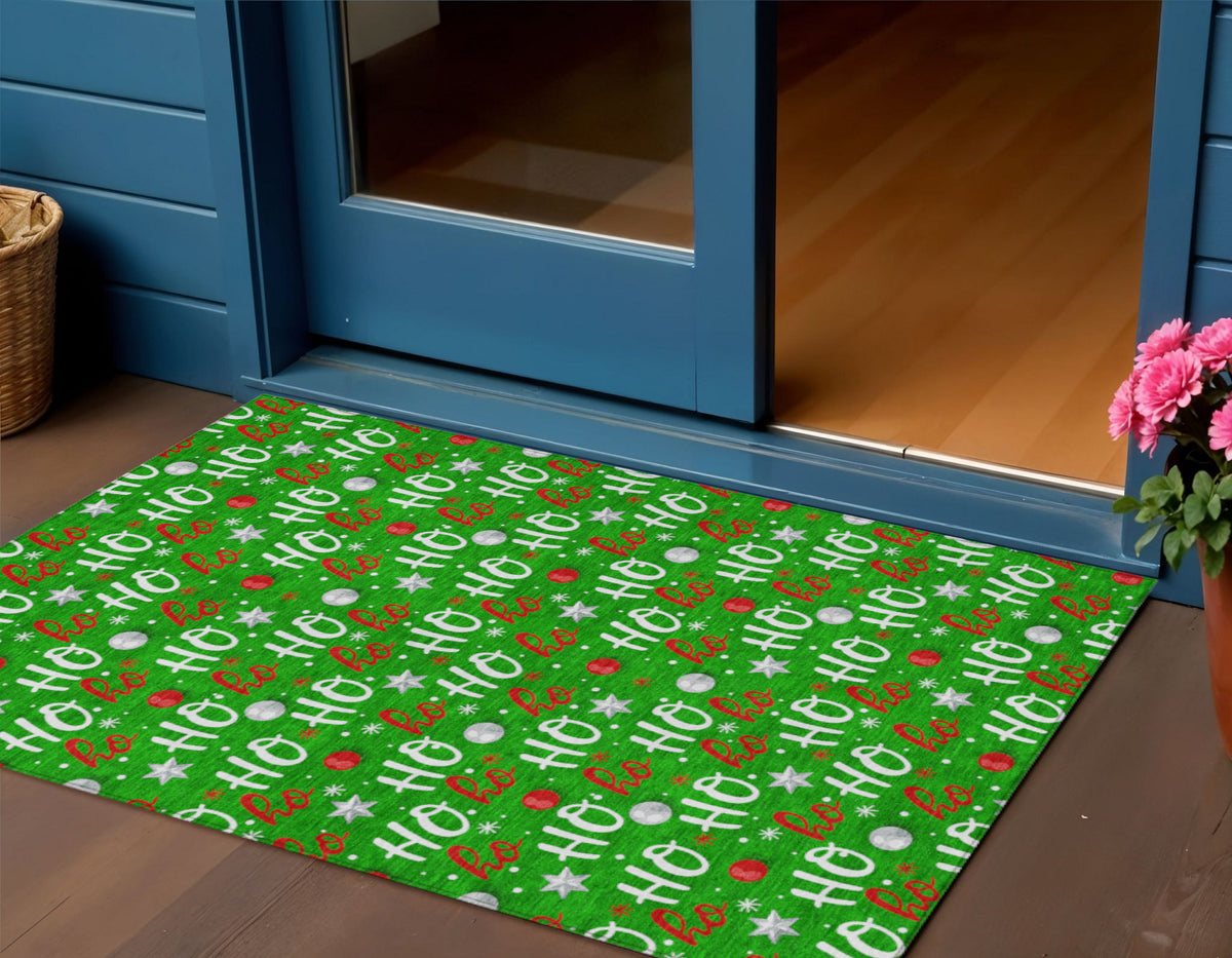 3 X 5 Green White And Red Ho Ho Ho Washable Indoor Outdoor Area Rug