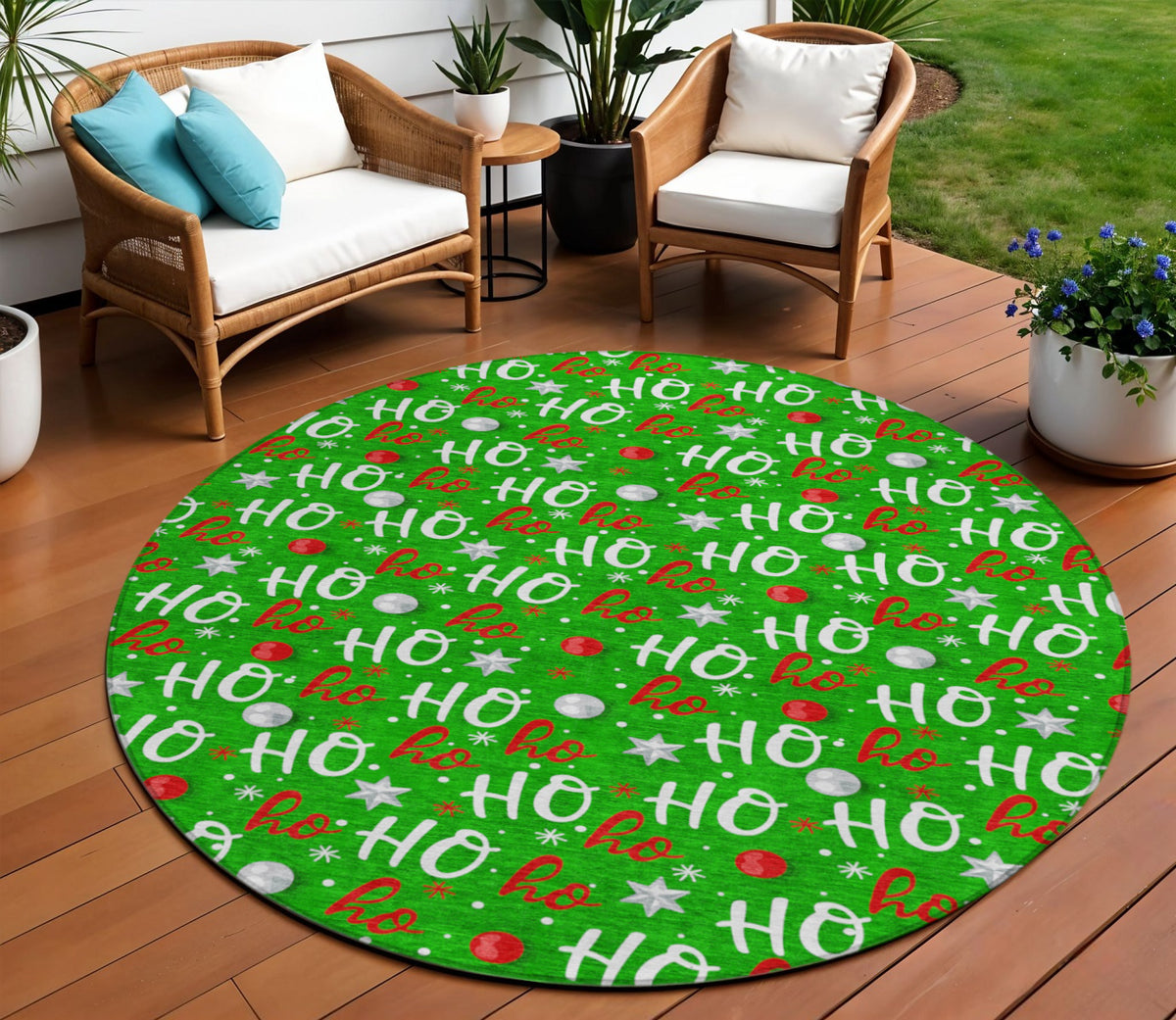 8 Green White And Red Round Ho Ho Ho Washable Indoor Outdoor Area Rug