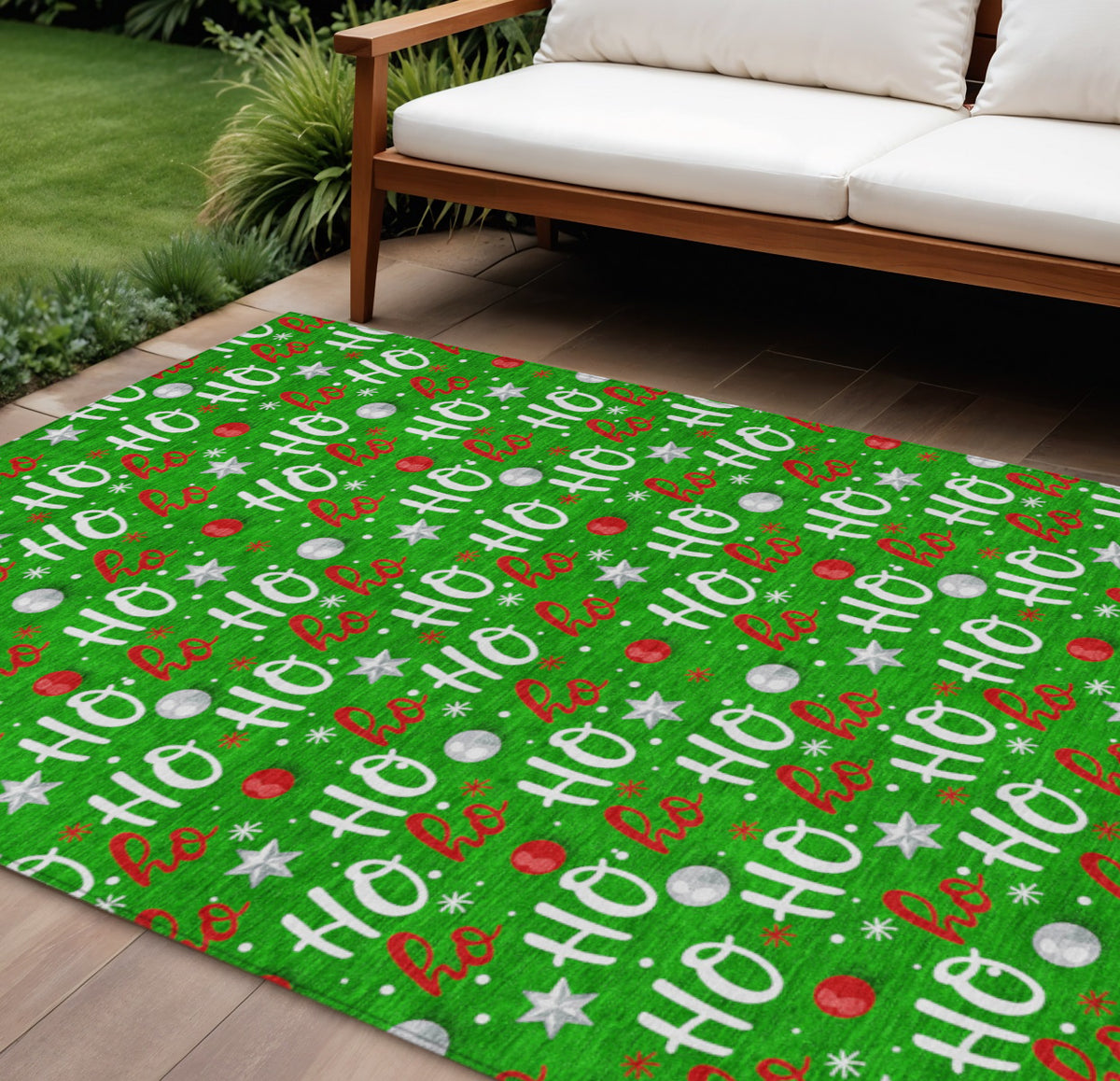 9 X 12 Green White And Red Ho Ho Ho Washable Indoor Outdoor Area Rug