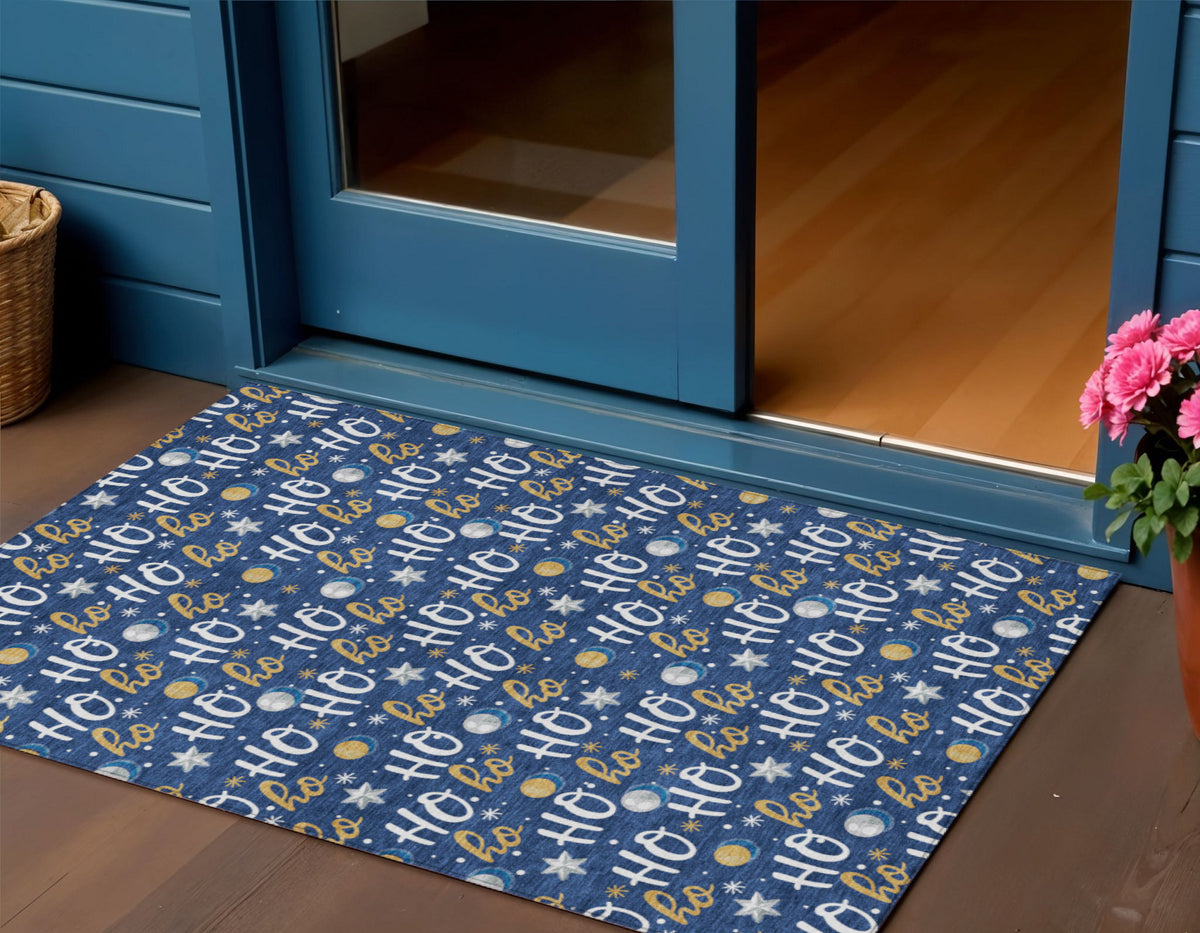 3 X 5 Navy Blue White And Gold Ho Ho Ho Washable Indoor Outdoor Area Rug