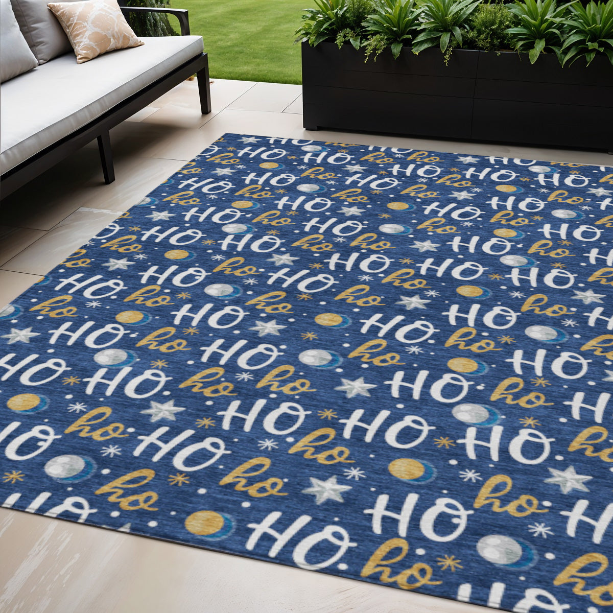 5 X 8 Navy Blue White And Gold Ho Ho Ho Washable Indoor Outdoor Area Rug