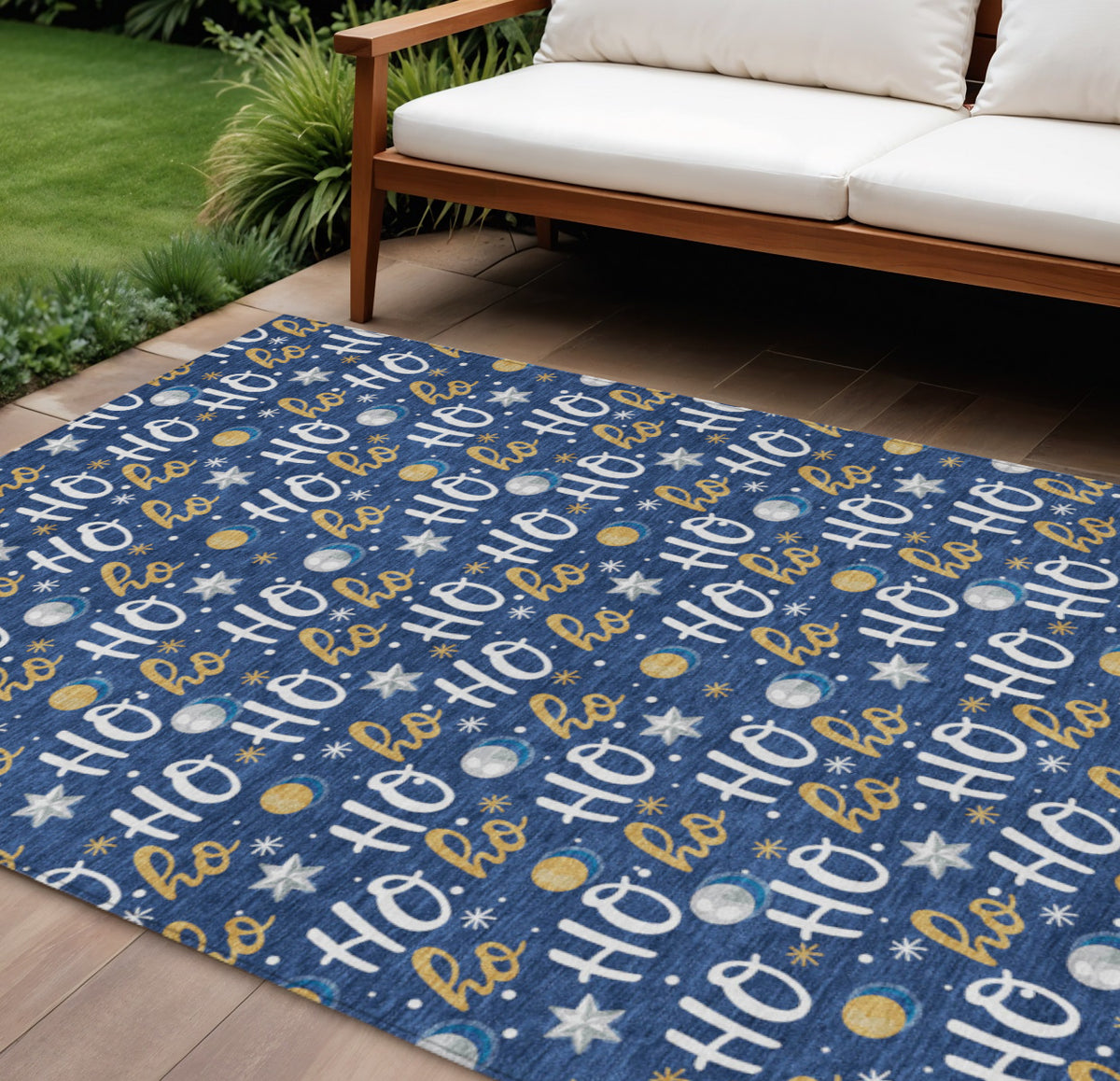 10 X 14 Navy Blue White And Gold Ho Ho Ho Washable Indoor Outdoor Area Rug
