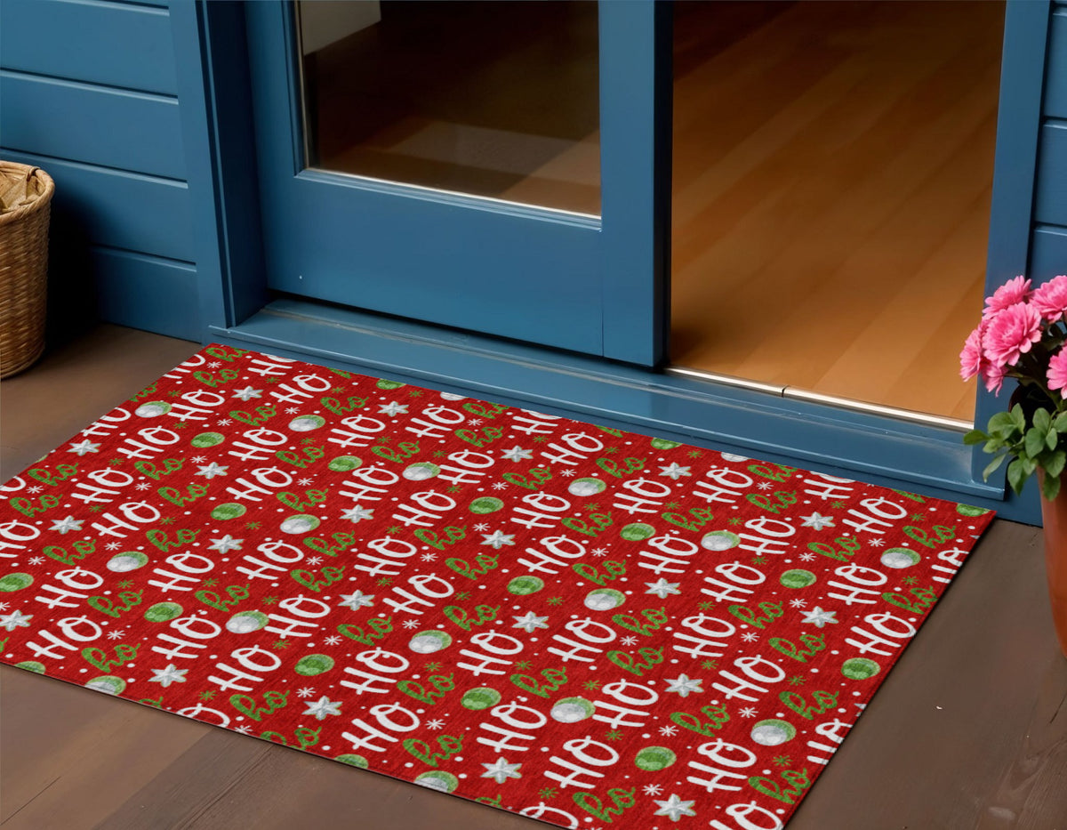 3 X 5 Red White And Green Ho Ho Ho Washable Indoor Outdoor Area Rug