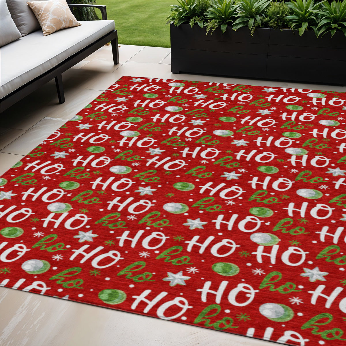 5 X 8 Red White And Green Ho Ho Ho Washable Indoor Outdoor Area Rug