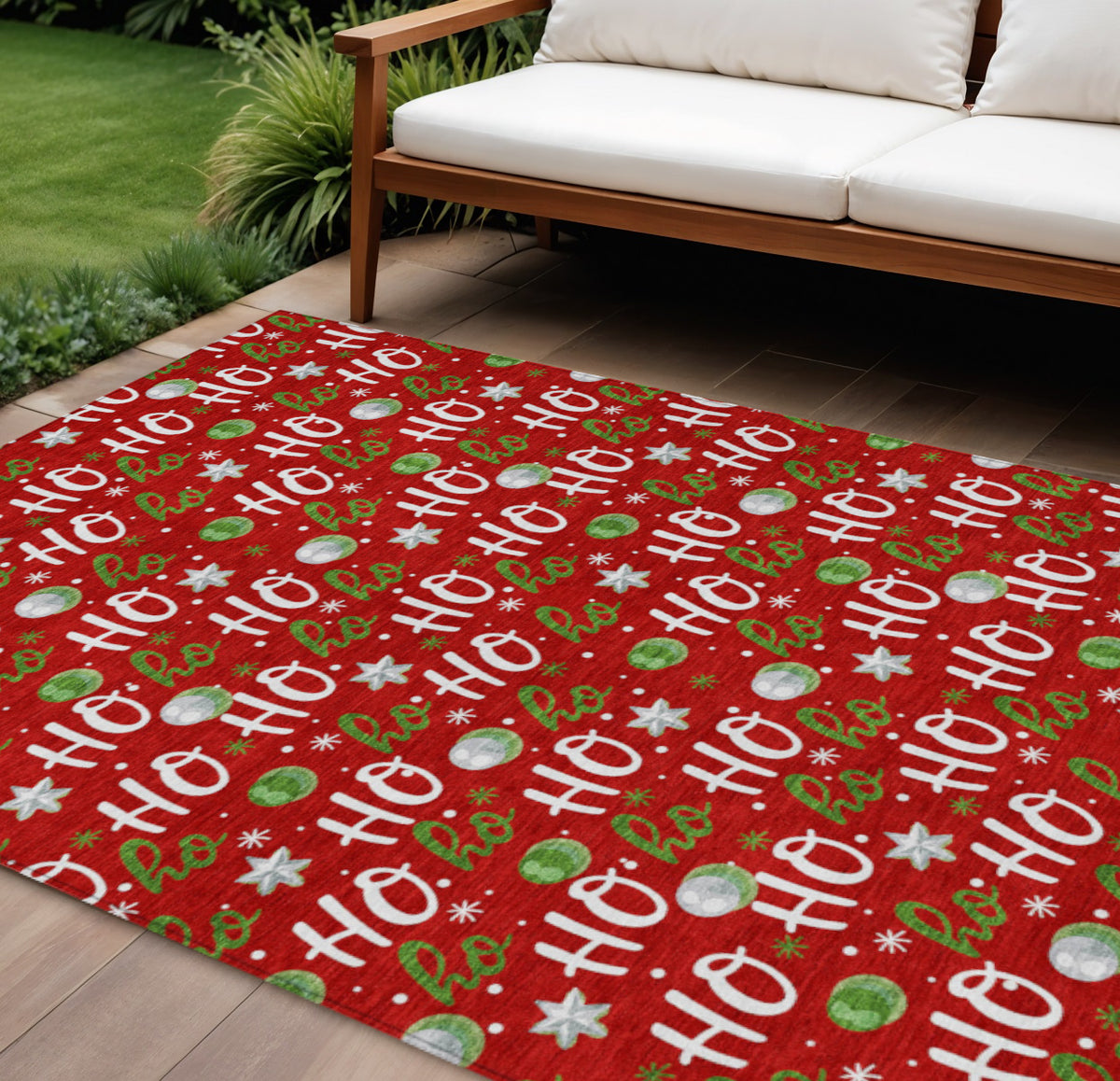 10 X 14 Red White And Green Ho Ho Ho Washable Indoor Outdoor Area Rug