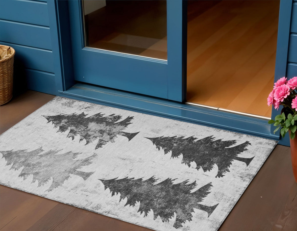 3 X 5 Gray And Silver Trees Washable Indoor Outdoor Area Rug