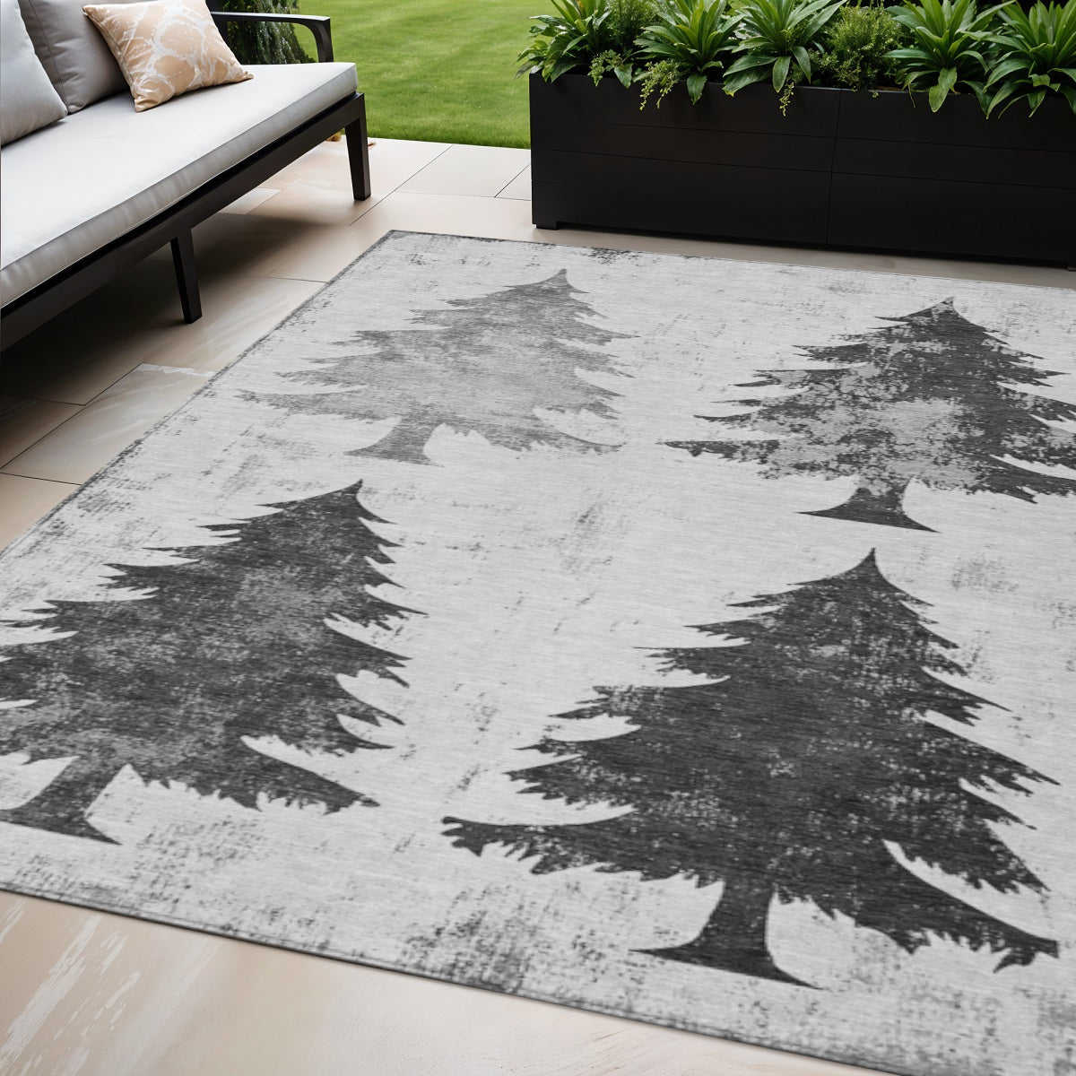5 X 8 Gray And Silver Trees Washable Indoor Outdoor Area Rug