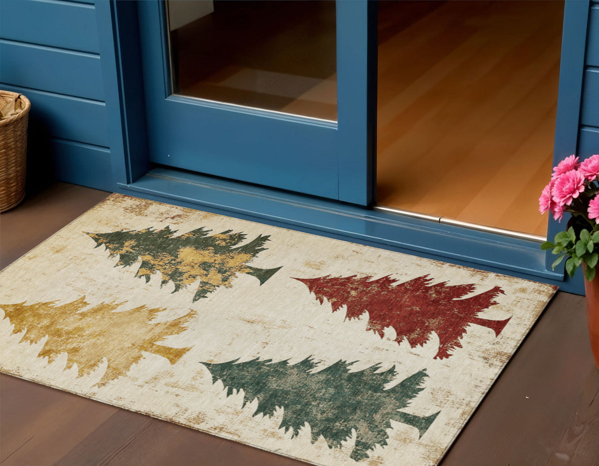 3 X 5 Ivory Gold And Burgundy Trees Washable Indoor Outdoor Area Rug