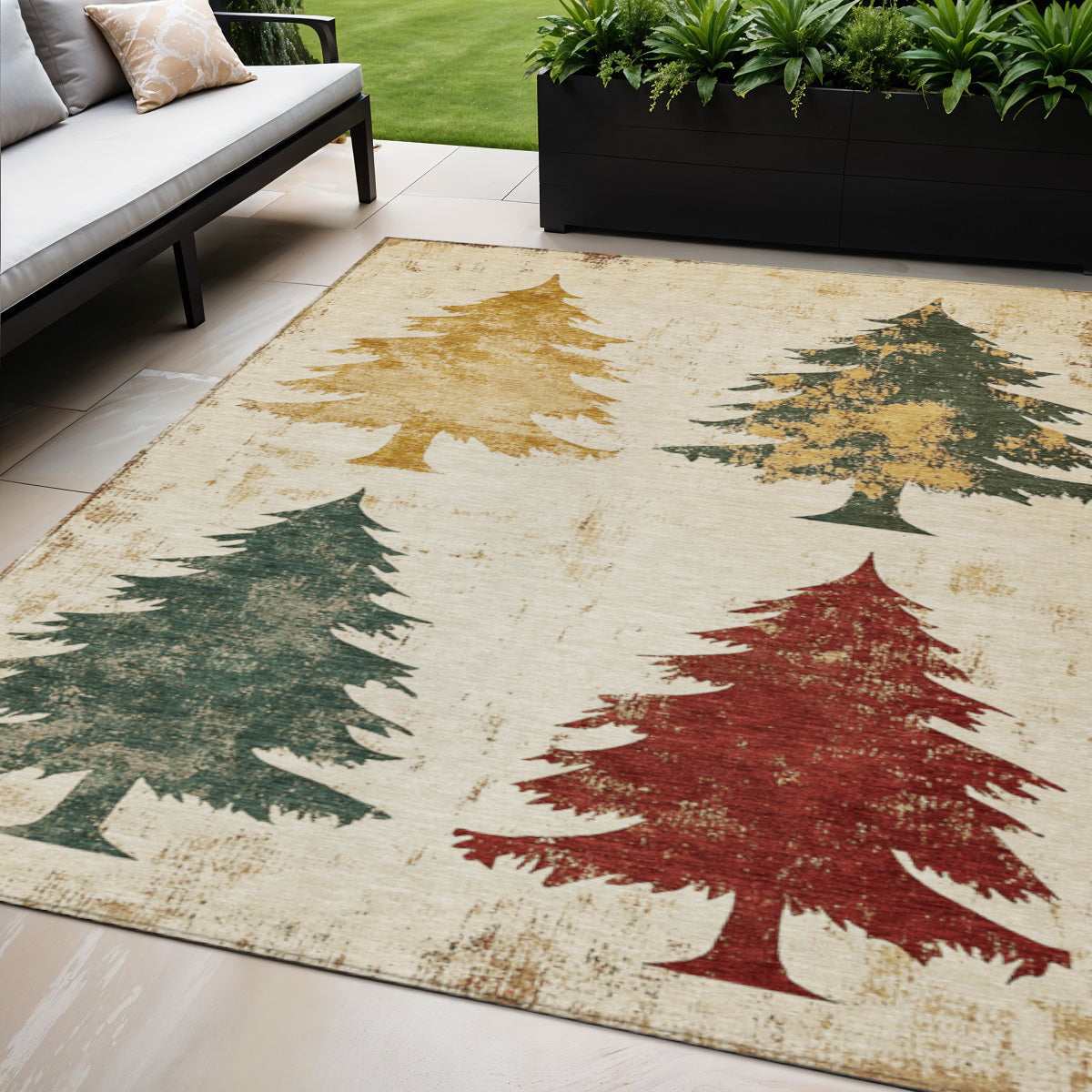5 X 8 Ivory Gold And Burgundy Trees Washable Indoor Outdoor Area Rug
