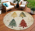 8 Ivory Gold And Burgundy Round Trees Washable Indoor Outdoor Area Rug