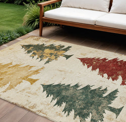 8 X 10 Ivory Gold And Burgundy Trees Washable Indoor Outdoor Area Rug