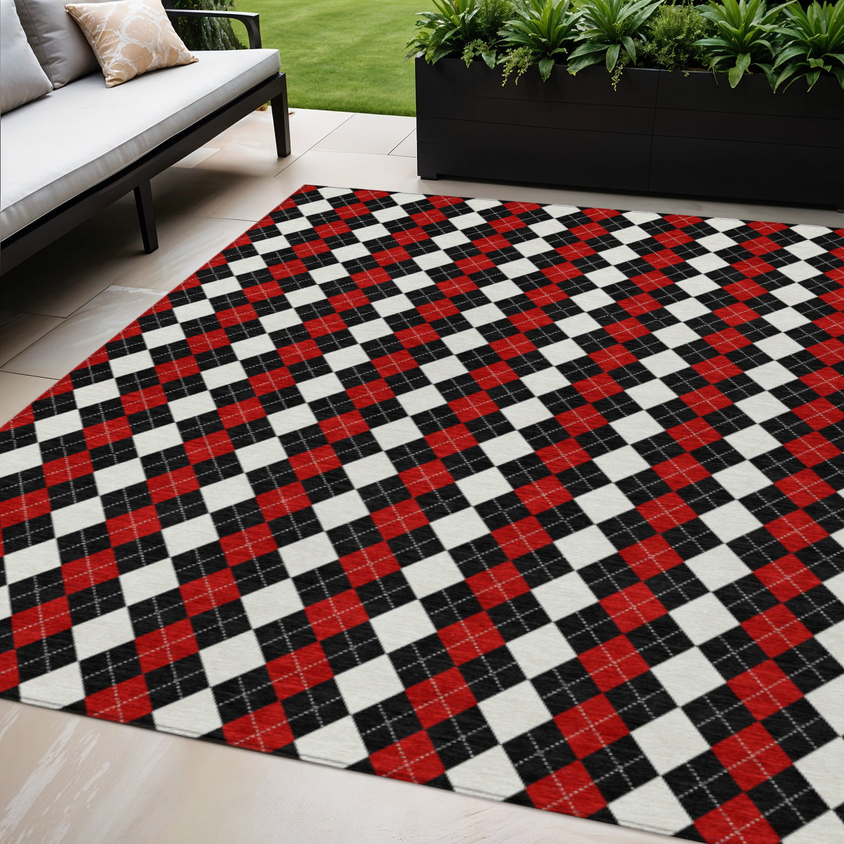 5 X 8 Black Red And White Argyle Washable Indoor Outdoor Area Rug