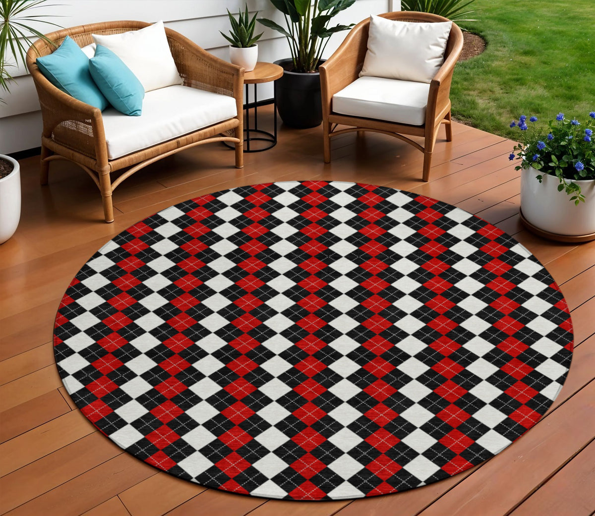 8 Black Red And White Round Argyle Washable Indoor Outdoor Area Rug