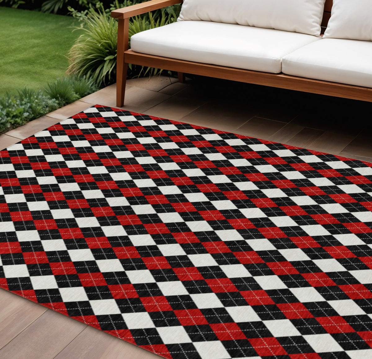 8 X 10 Black Red And White Argyle Washable Indoor Outdoor Area Rug