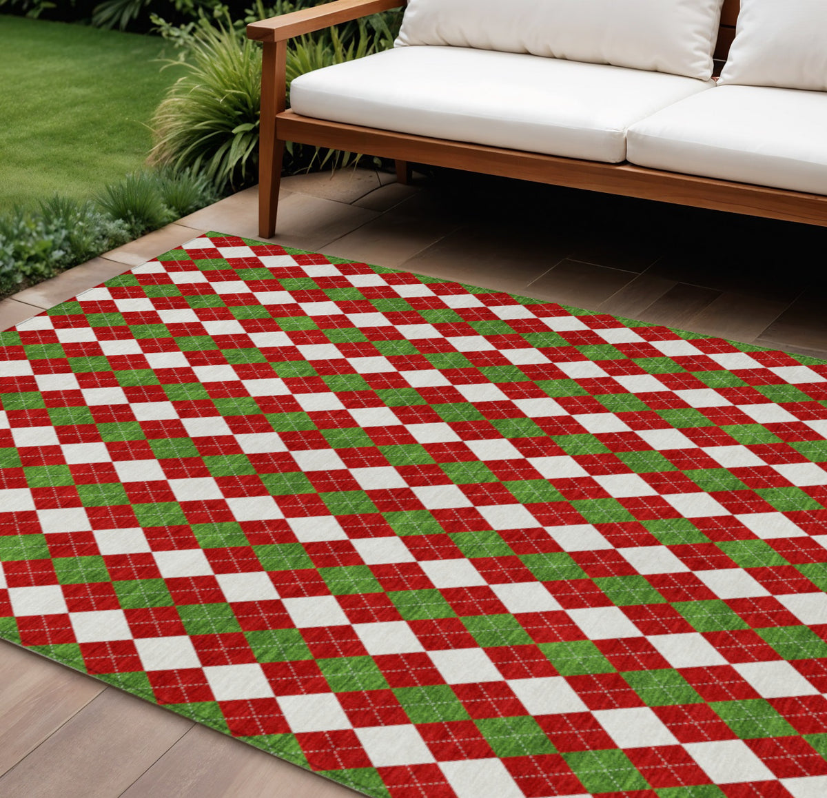 9 X 12 Red White And Green Argyle Washable Indoor Outdoor Area Rug