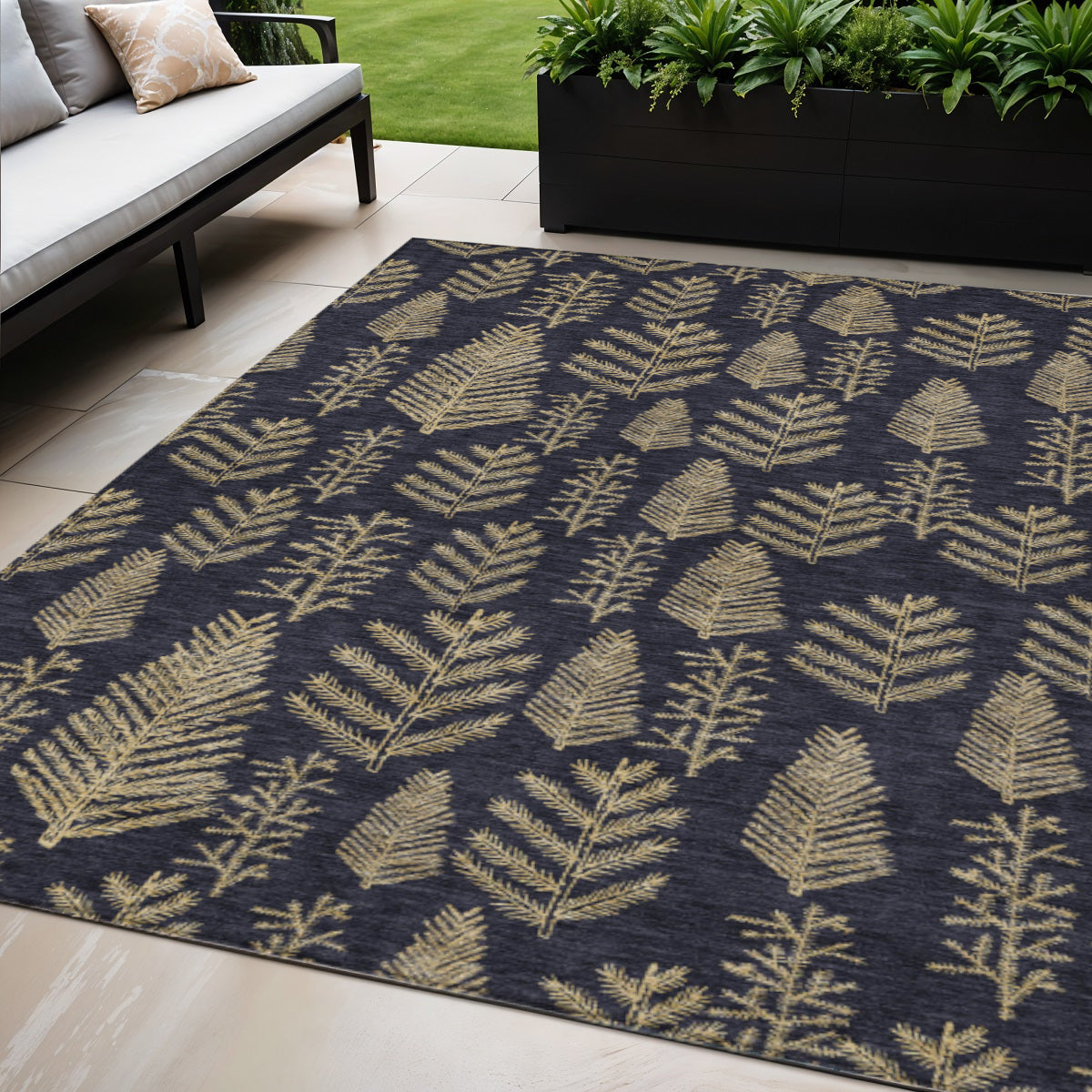 5 X 8 Black And Gold Trees Washable Indoor Outdoor Area Rug