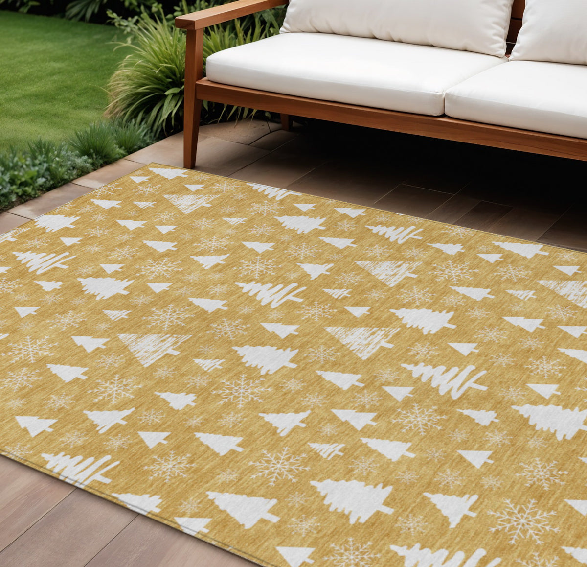 8 X 10 Gold And Ivory Snowflake Washable Indoor Outdoor Area Rug