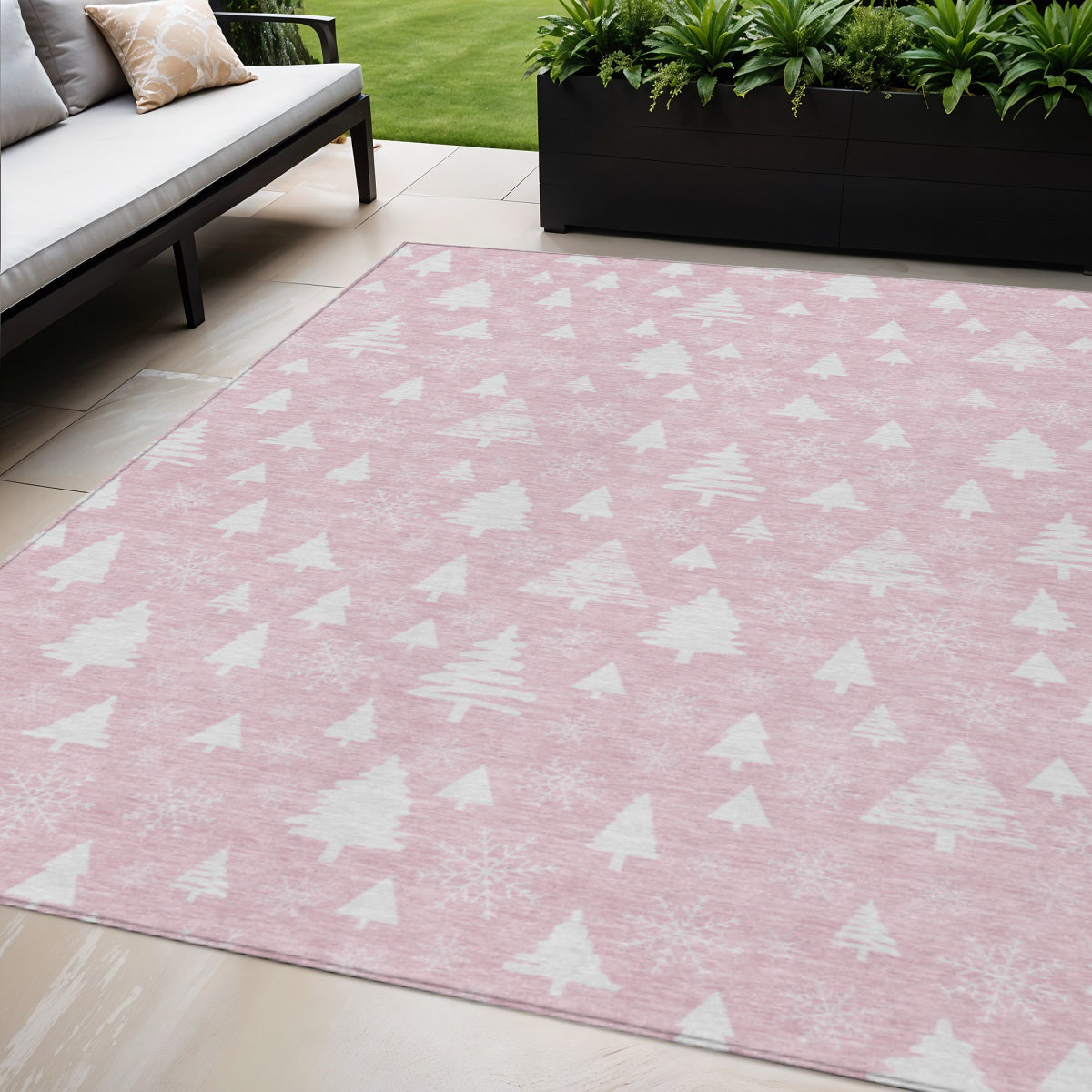 5 X 8 Pink And Ivory Snowflake Washable Indoor Outdoor Area Rug