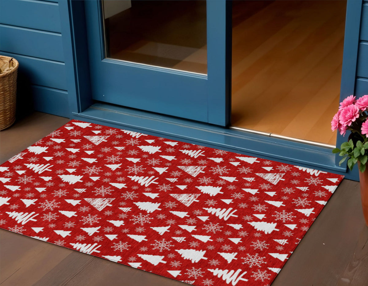 3 X 5 Red And Ivory Deer Washable Indoor Outdoor Area Rug