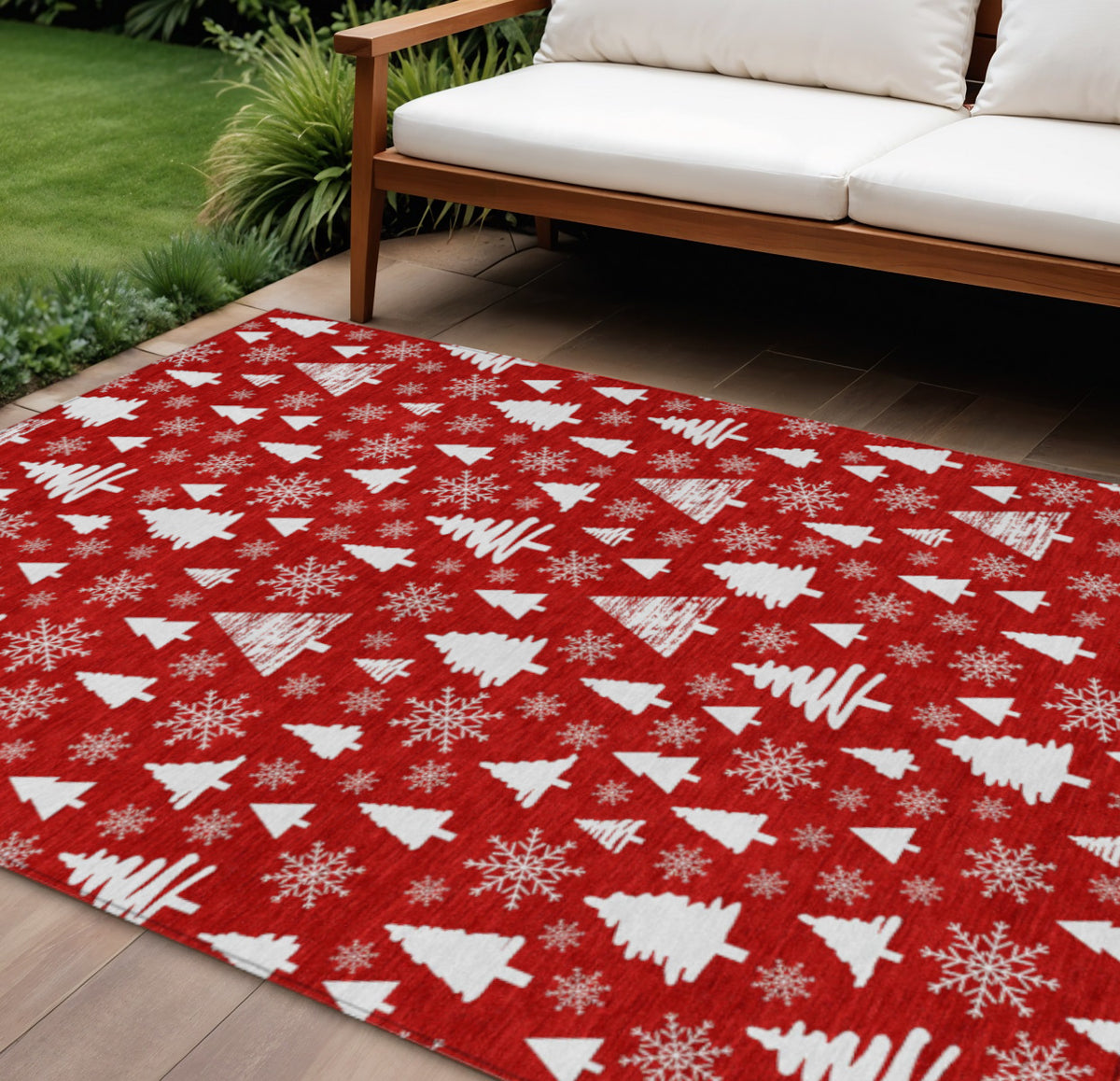 9 X 12 Red And Ivory Deer Washable Indoor Outdoor Area Rug